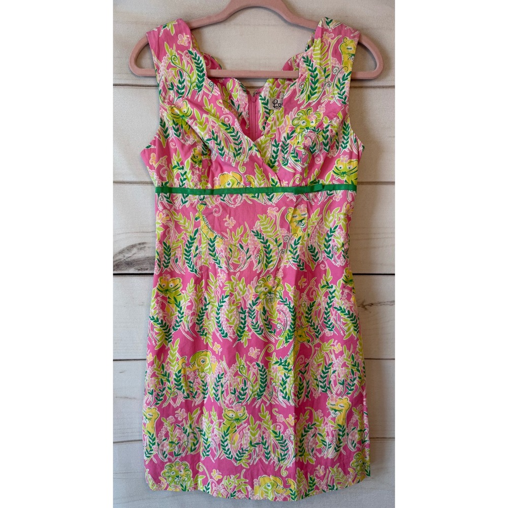 Lilly Pulitzer Pink Green Giraffe Lion Tropical Print Cotton Shift Dress 2